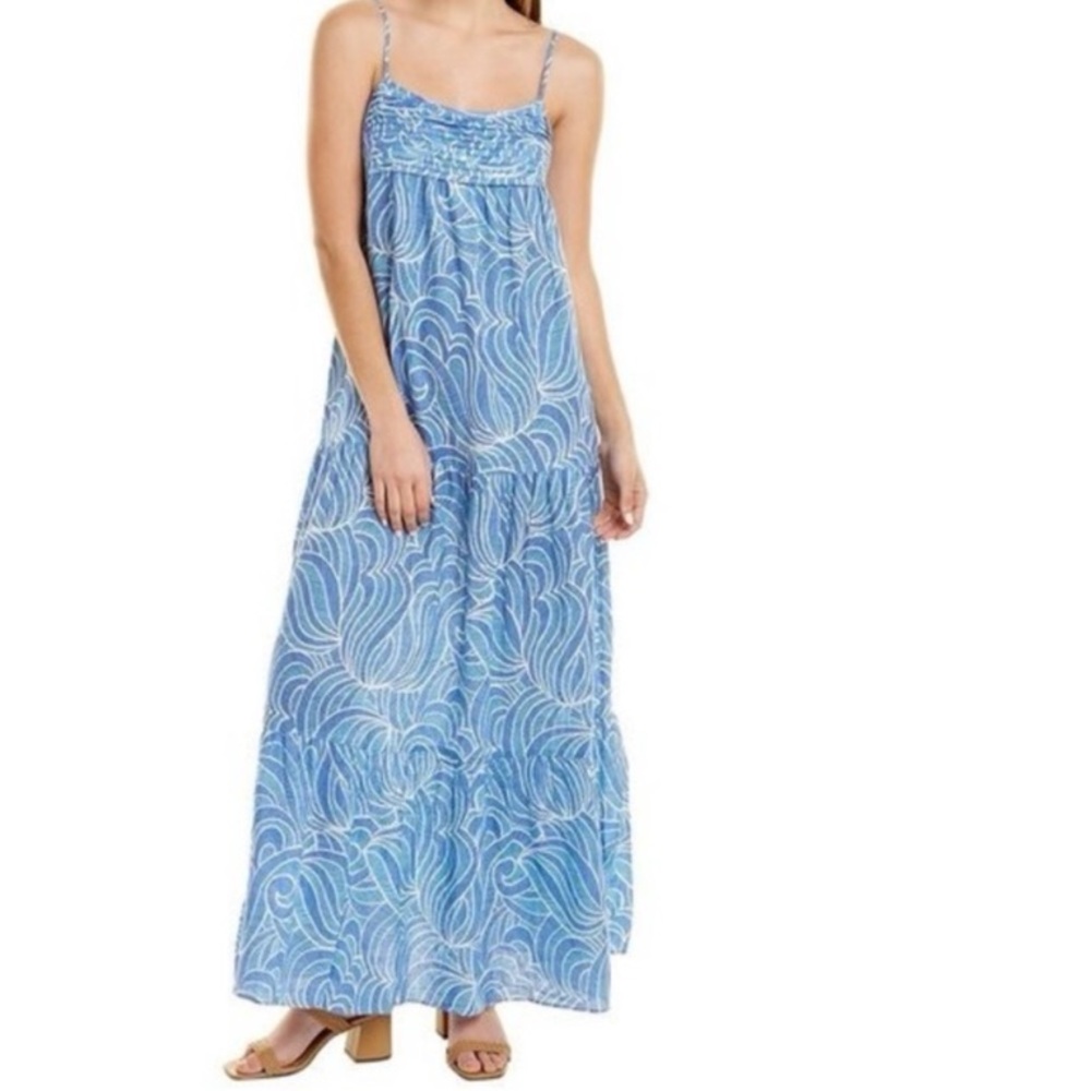 J. McLaughlin Paris Blue and White 100% Linen Swirl Print Maxi Dress Size L